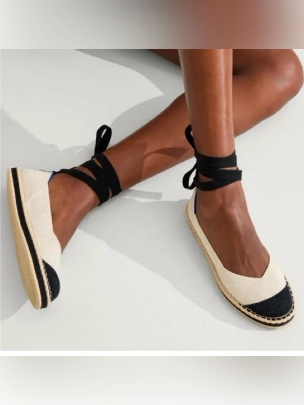 Rothy's Black and Cream Ankle-Tie Espadrille Flats